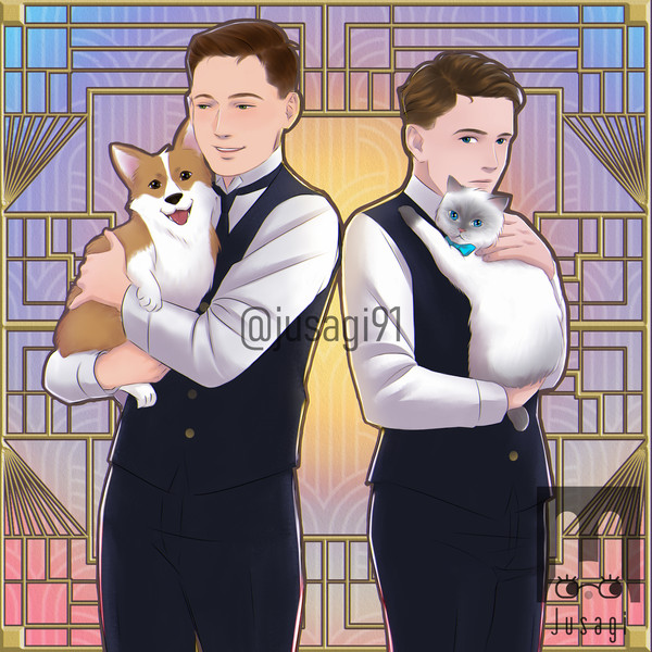 Two men with a dog and a cat