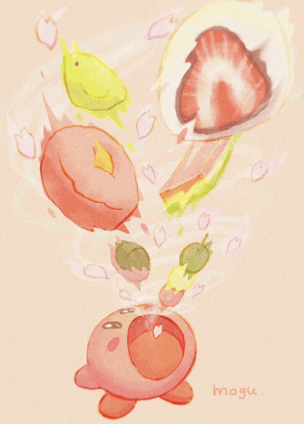 春の和菓子を吸い込むカービィ