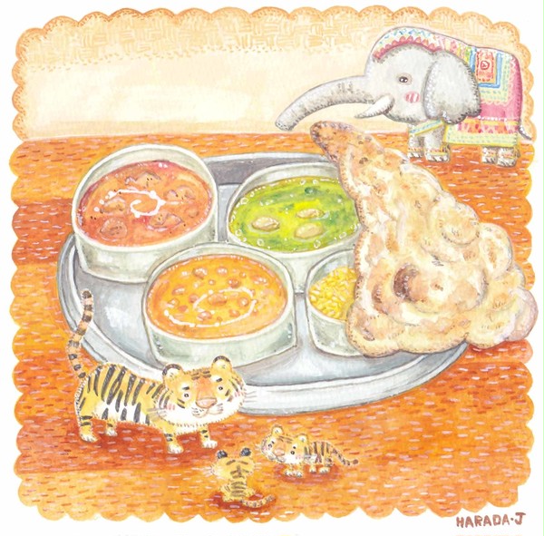 トラの親子とナンとカレーだゾウ