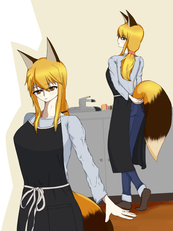 エプロン姿のきつねちゃん