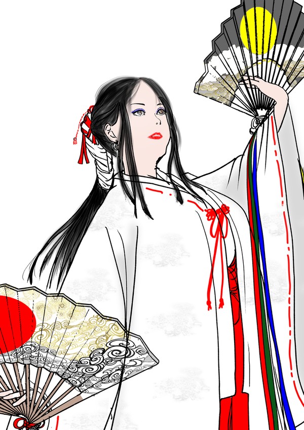 神楽の稽古をしている巫女