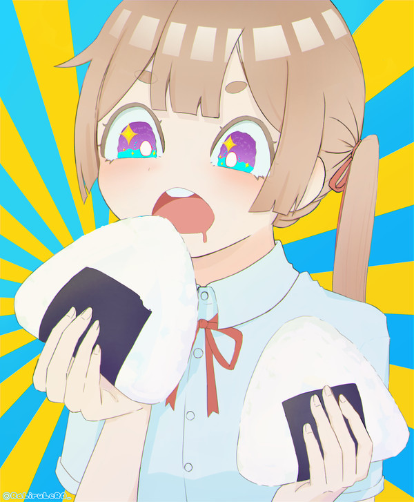 あの一つ結びの女の子が食べてるおむすびがめっちゃ大きい