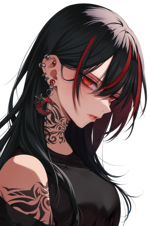 でかピアス黒タトゥー黒髪赤メッシュお姉さん