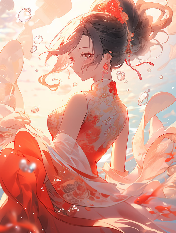 水の中のチャイナドレスの女の子