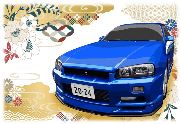 skyline ER34  愛車描いてみた(2024年賀)