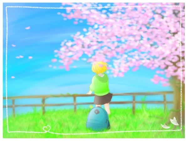 桜とアテネの後ろ姿