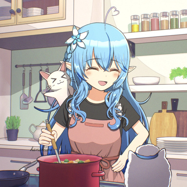 雪民さんのために手料理を作るラミィ(飼い猫みるく付き)