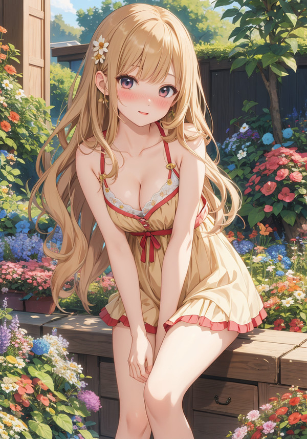 ベージュと赤のドレスの子