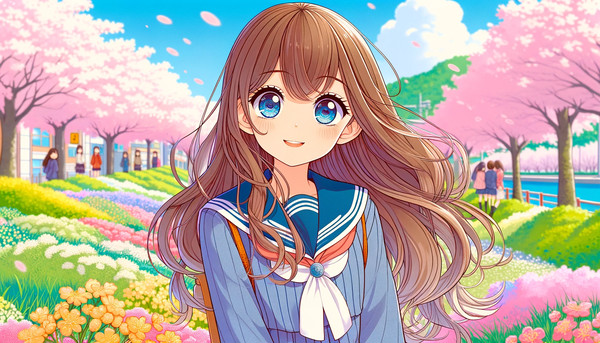 桜の花の中の中学生