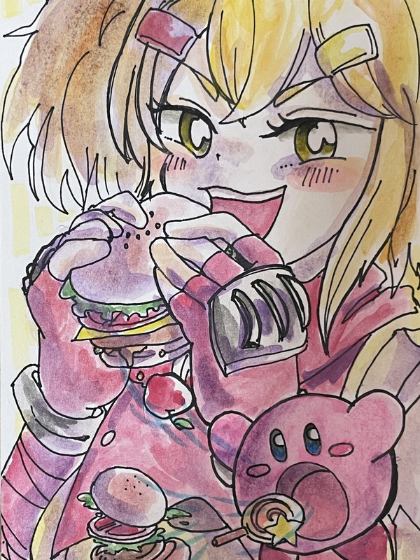 ハンバーガー食べるカッツォとカービィ