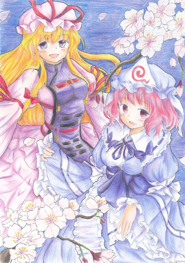 夜桜の下で