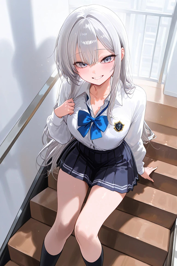 階段に座っている女子高生