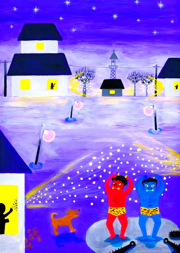 昭和っぽい情景の絵「節分の夜」秋野あかね作 アクリル画
