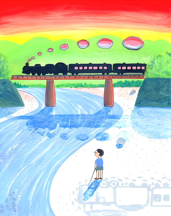 昭和っぽい情景の絵 「鉄橋のある風景」