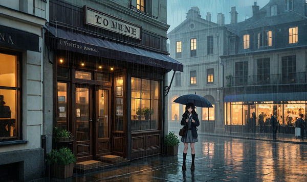 雨中的咖啡館旁