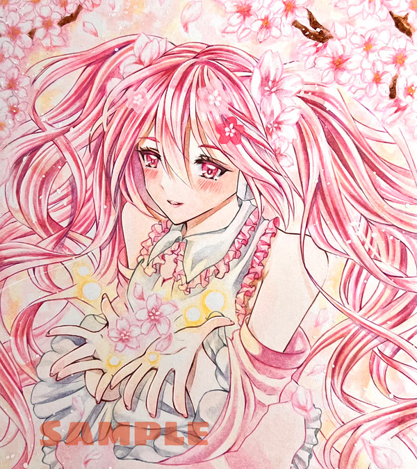 手描きイラスト　初音ミク　bloomed in japan　桜ミ