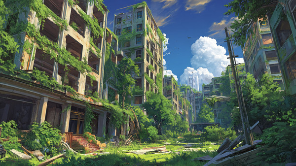 終末世界・ディストピアの風景イラスト【著作権フリー素材】緑化都市