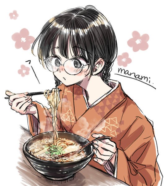 ラーメン食べる着物女子
