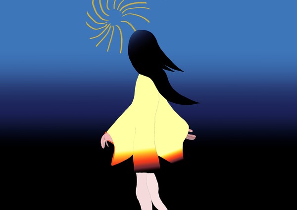 凝望著海邊花火風景的少女