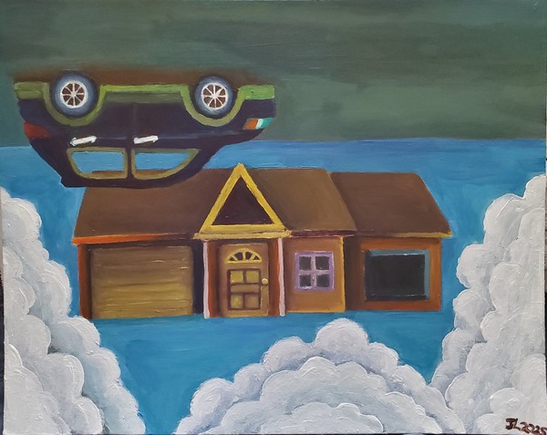upside down car, house in heaven