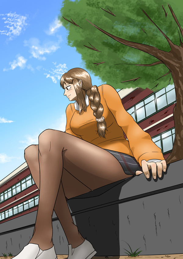 School girl sitting on sidewalk