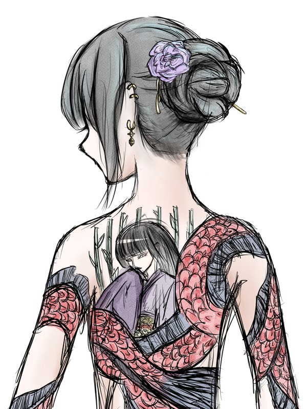 背に刻む龍魚と女
