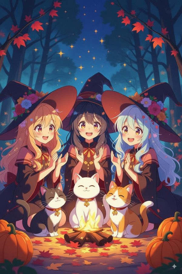 焚き火の灯りと紅葉に
