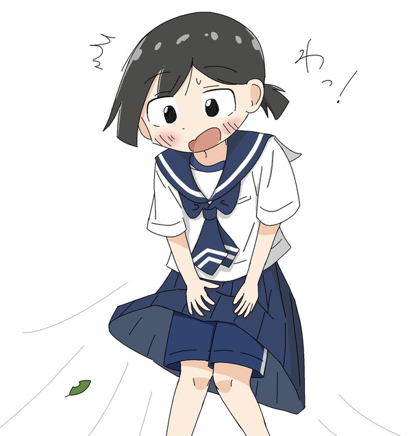 風でスカートが捲れる子