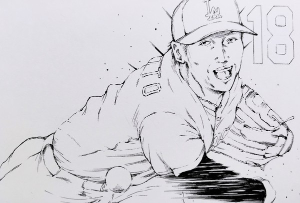 山本由伸投手　白黒イラスト