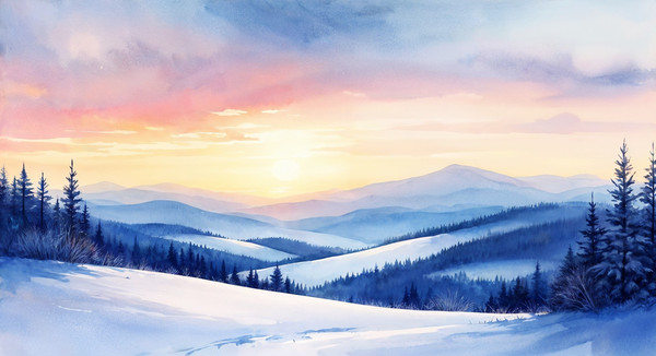 Winter Hills with Sunset Horizon