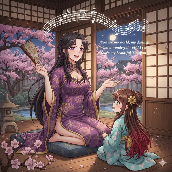 母と娘が桜の下で子守唄を歌う