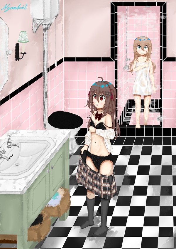 Neuro and Evil in a bathroom