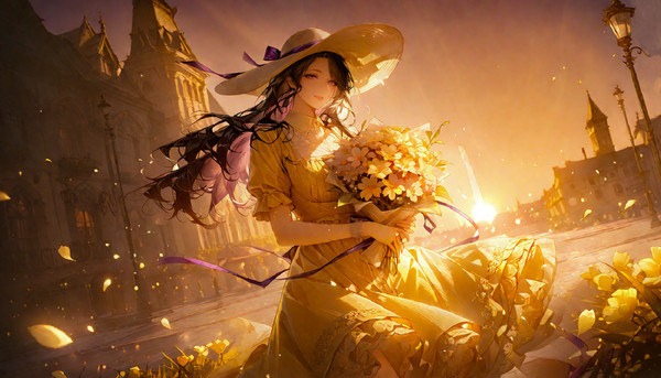 夕暮れの花束少女