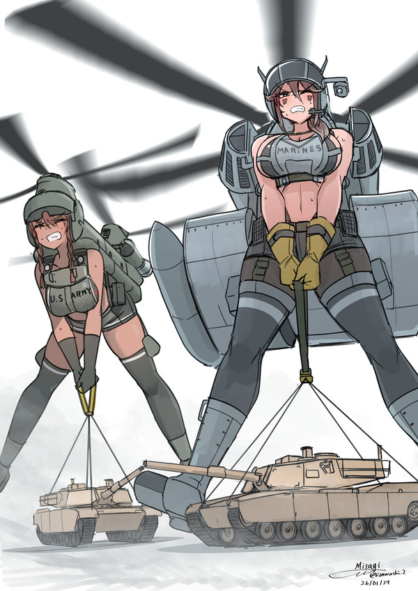 戦車を持ち上げようとする輸送ヘリ娘ラクガキ