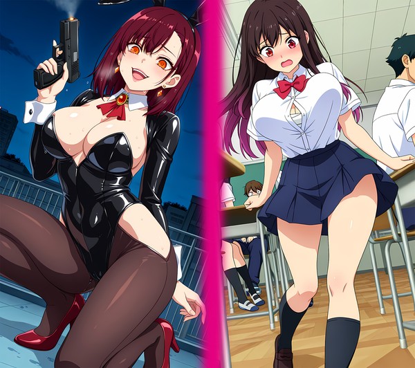 キャラクター紹介用イラスト（女体化宇佐正巳、悪堕ち佐鳴美里）