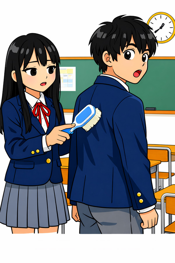 制服のホコリを払ってもらう男子