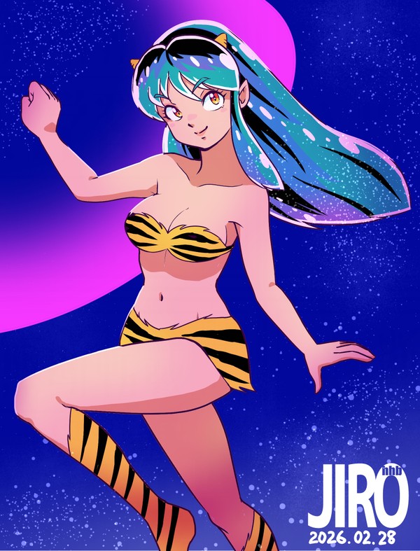 薄くきらめく夜空でスキップするラムちゃん