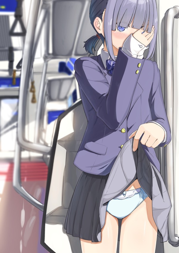 電車スカートたくし上げ娘