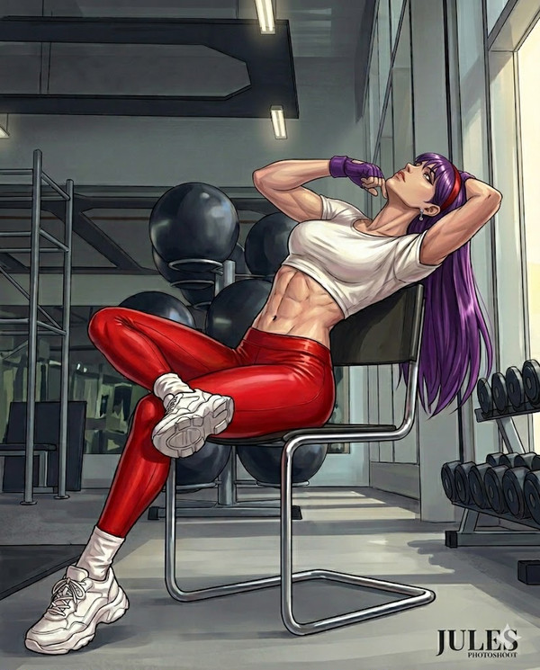 麻宮アテナ lounging on a chair in gym