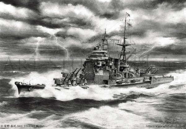 鉛筆画「海征く牙狼 ー重巡洋艦 鳥海 2598ー」