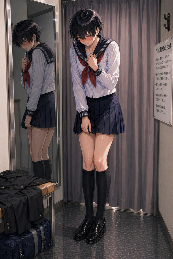 見つからないために、女子高生と制服交換して女装した