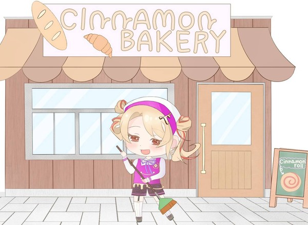 店前の清掃をしているモニシナくん🍞