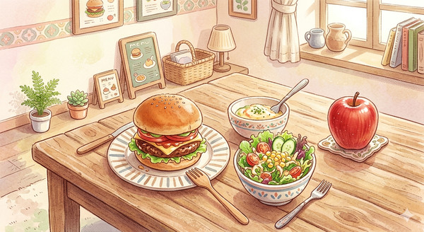 ハンバーガー、サラダ、りんご(AI画像)