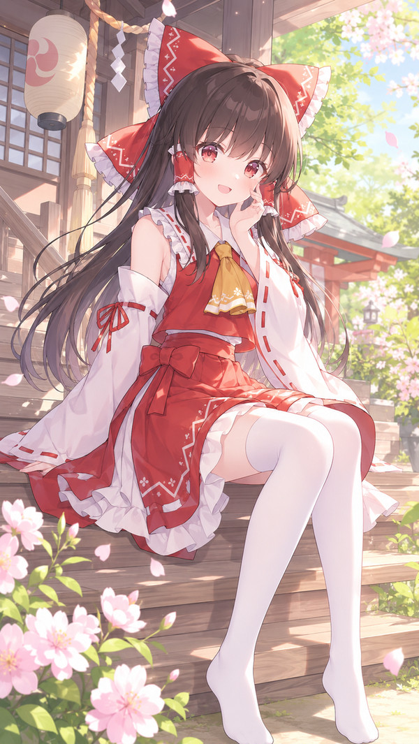 春の神社と紅白の巫女