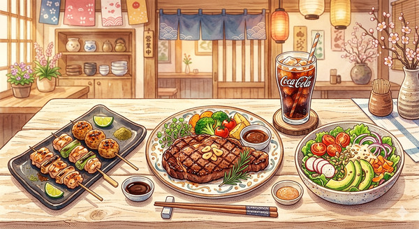 サーロインステーキ、焼き鳥、サラダ、コーラ(AI画像)