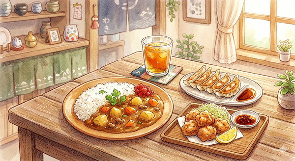 カレーライス、餃子、唐揚げ、麦茶(AI画像)