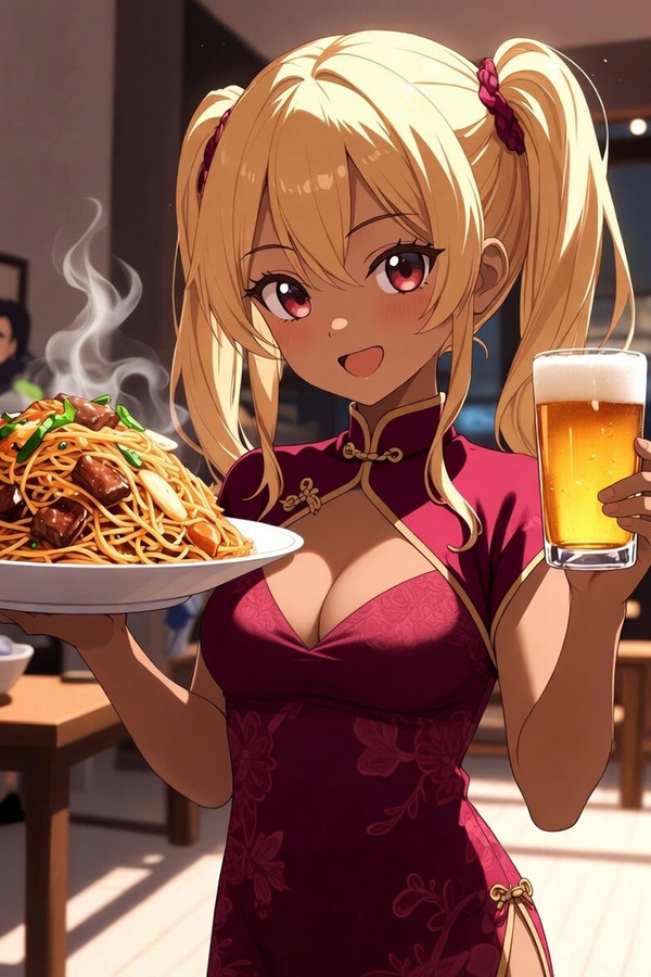 五目焼きそばとビール
