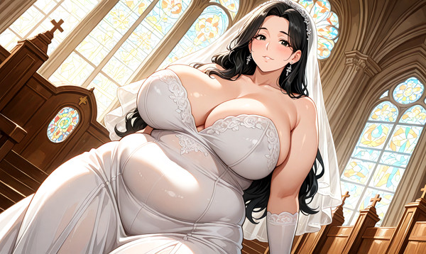 ウェディングドレスを着た司書ママ