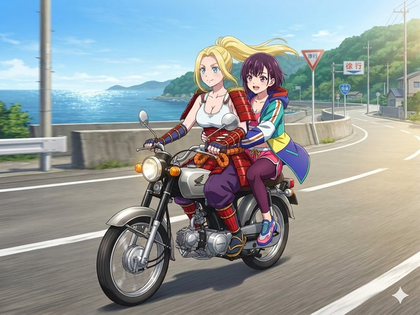 バイクに乗るベアトリクスと三日月閑