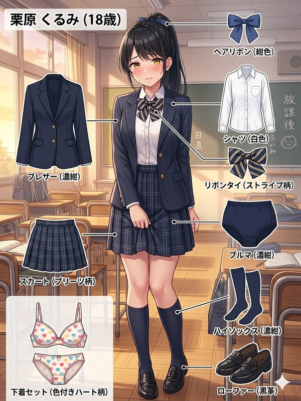 【栗原 くるみ】（JK時代）の着用アイテム（下着含む）